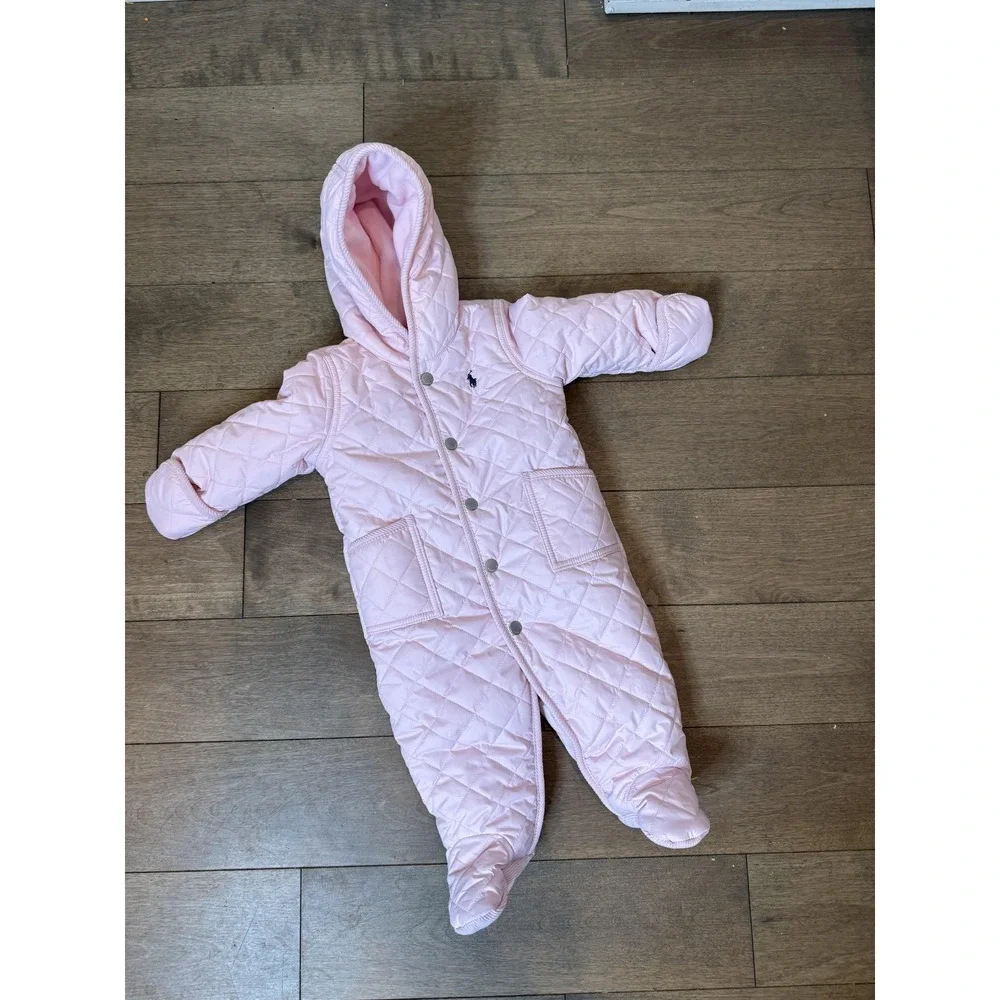 Ralph Lauren Snowsuit Baby Girls‎ 6M Pink Quilted Hooded Footed Bunting Fleece